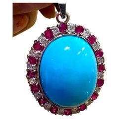 GIA Certified 105 Ct Natural Oval  Turquoise, Ruby & Diamond Pendant, Sleeping B