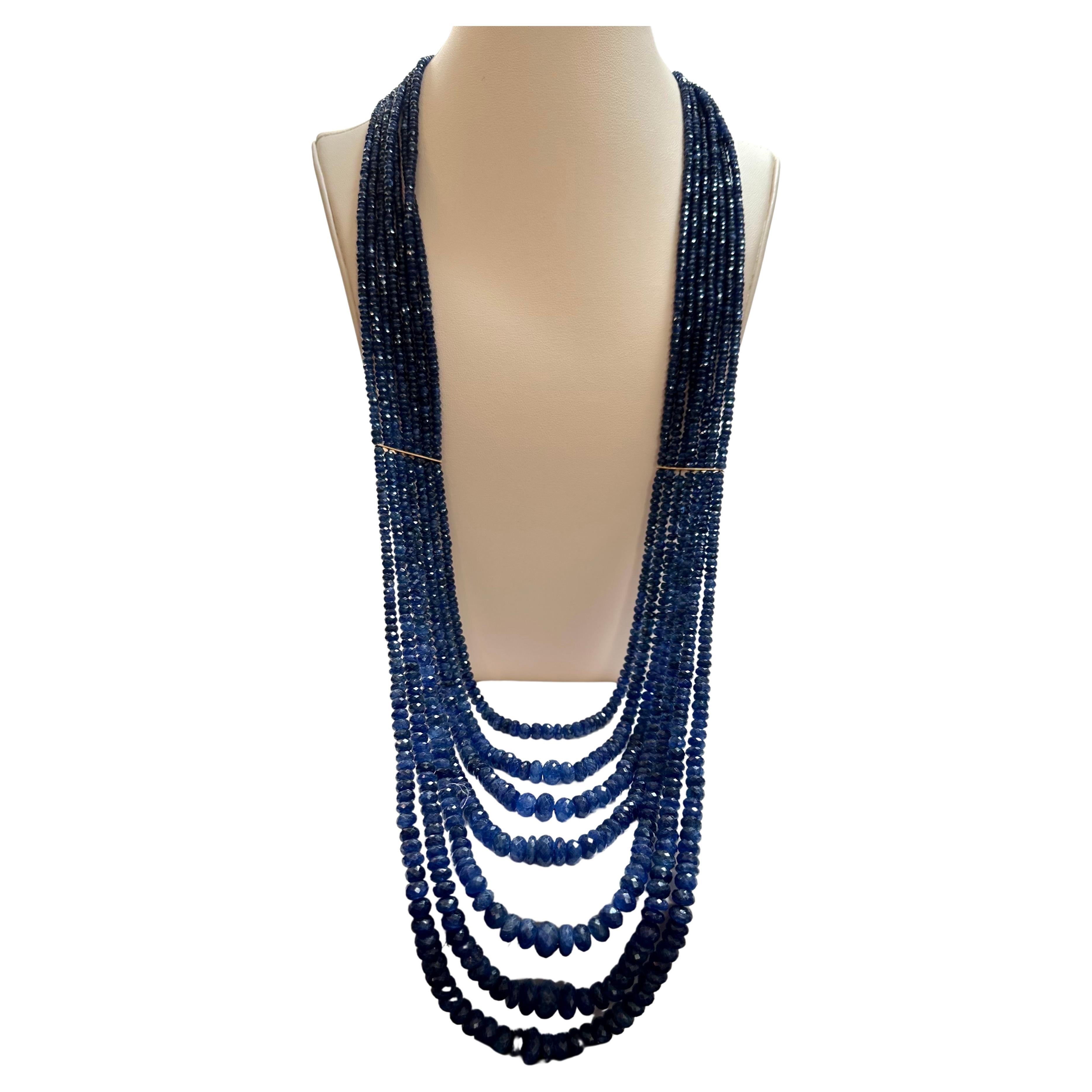1200 Carat Natural Sapphire Bead Seven Strand Necklace 14k Gold with Spacer, 32  For Sale