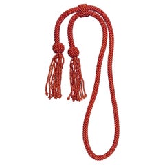 Used Natural Red Coral Lariat Bead Necklace, Estate Fine Jewelry, 42 " Long