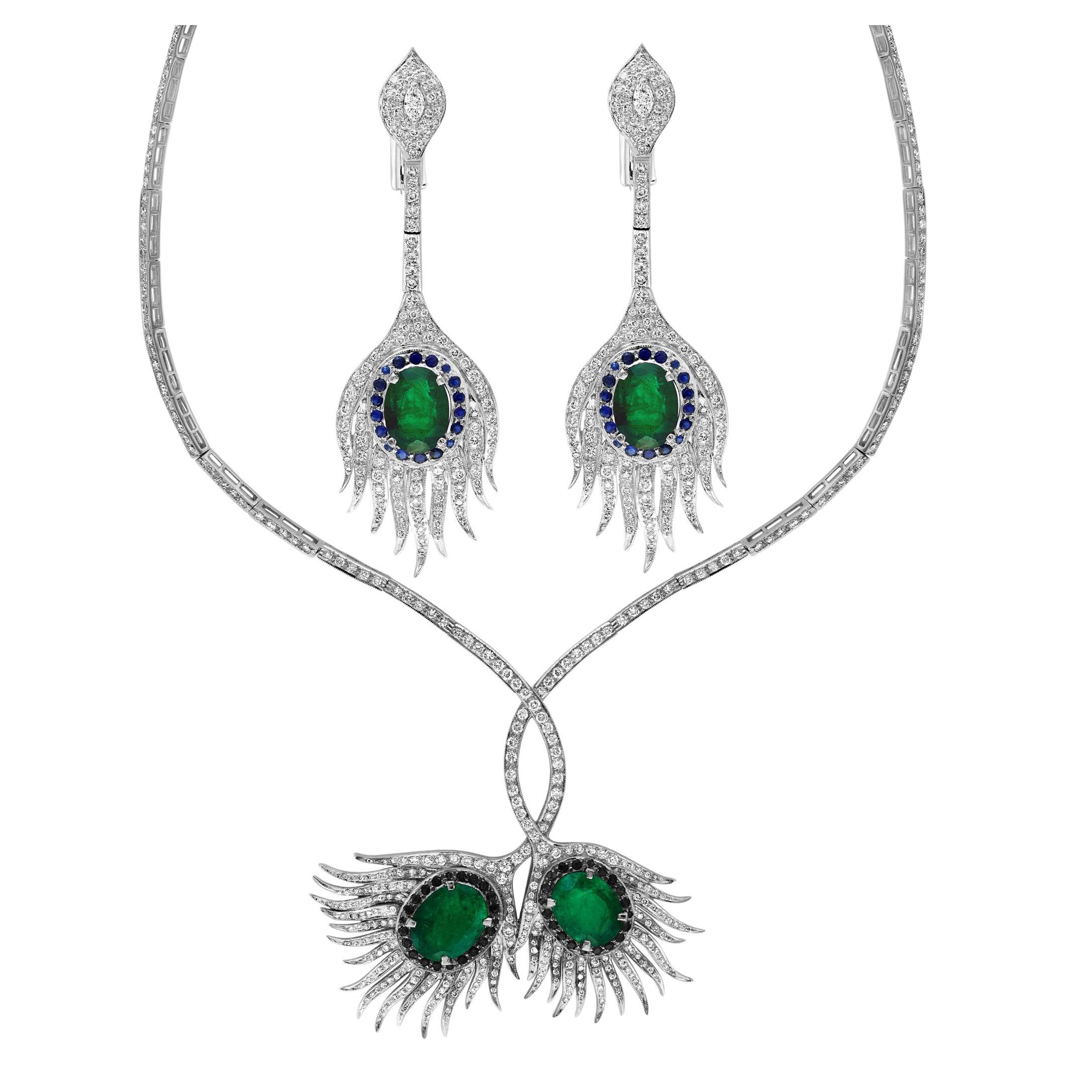 GIA Certified 20ct Zambian Emerald & 15ct Diamond Necklace Earring Suite 18KWG en vente
