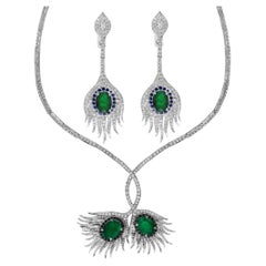 GIA Certified 20ct Zambian Emerald & 15ct Diamond Necklace Earring Suite 18KWG