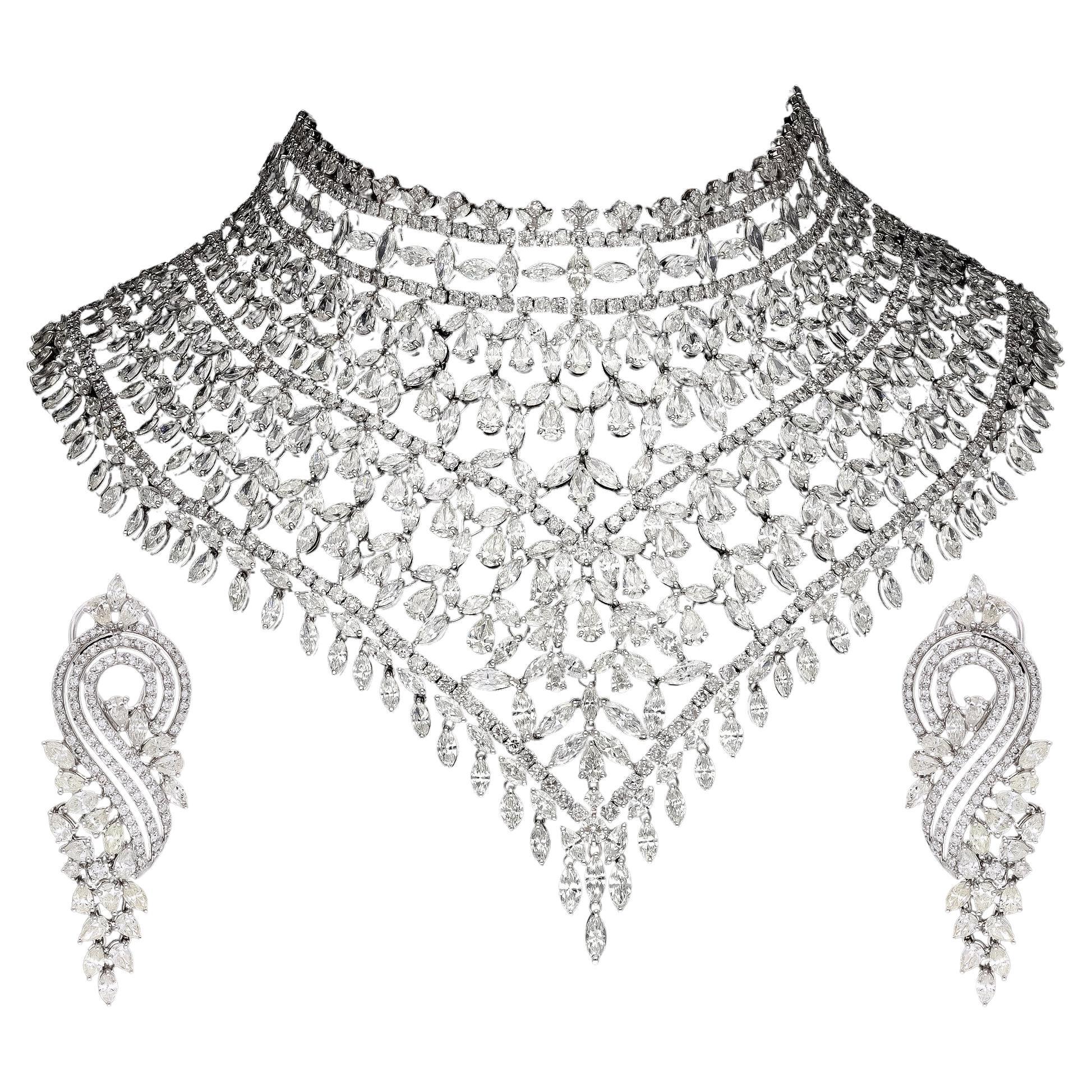 Natural Diamond  Necklace & Earring Suite with 135.87 Ct Diamond in 18 KW Gold