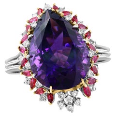 32X23 MM PERLA Amatista , Diamante y Rubí Anillo de Cóctel de Oro Amarillo de 14 Kt, Años 60