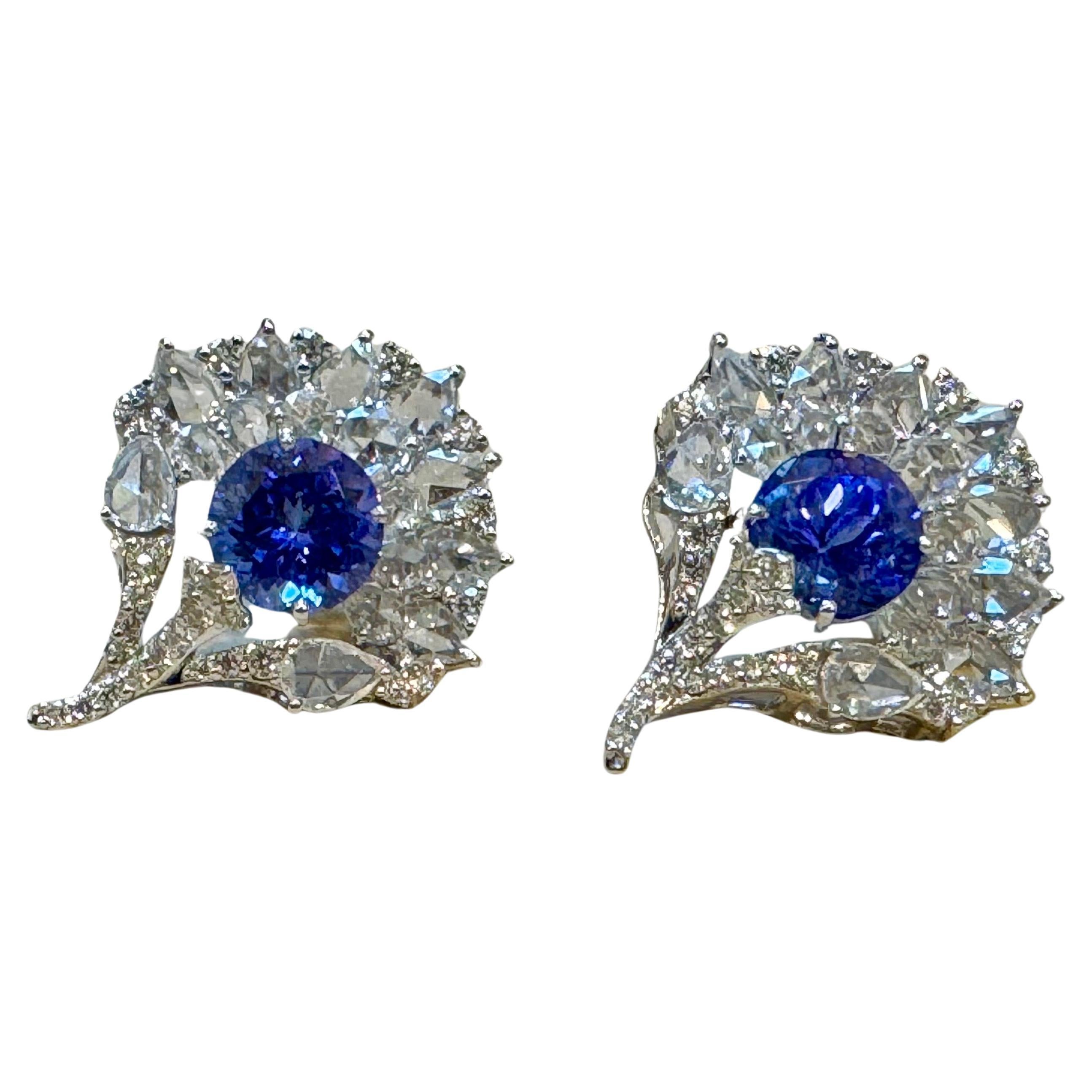 3.6 Ct  Round Tanzanite & 3.6 Ct Rose Cut Diamond Post Earrings in 18 Karat Gold