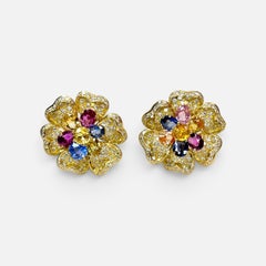 18K Yellow Gold Diamond & Multicolor Sapphire Flower Earrings by Designer Adler