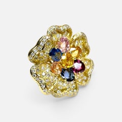 18K Yellow Gold Diamond & Multicolor Sapphire Flower Earrings by Designer Adler