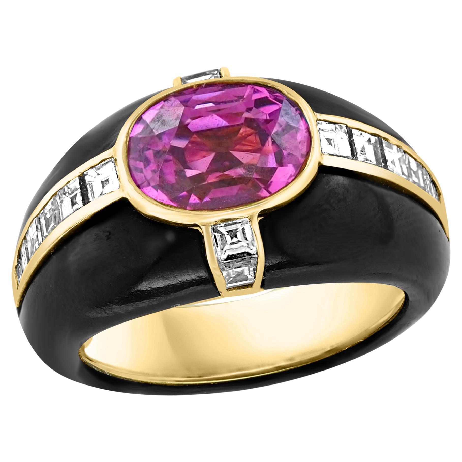 A Vintage classic, Ring and earring set
 6 Ct  of total Natural PURPLE Sapphire in the ring and earring set with  Black Onyx & Pave Diamond Ring & Earring Set in 18 Karat yellow gold
Natural Purple Sapphire in Oval  shape , Pretty color, luster is
