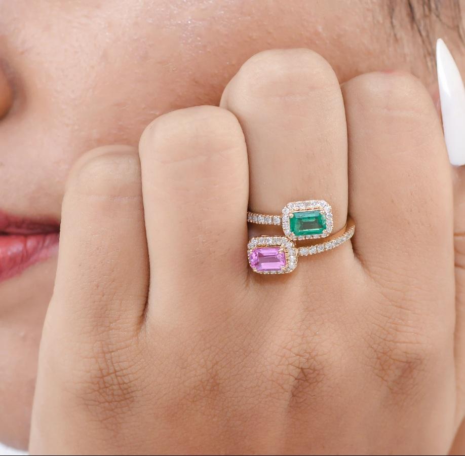 Ring aus natürlichem sambischem Smaragd und Saphir aus 14 Karat Gold (Asscher-Schliff) im Angebot