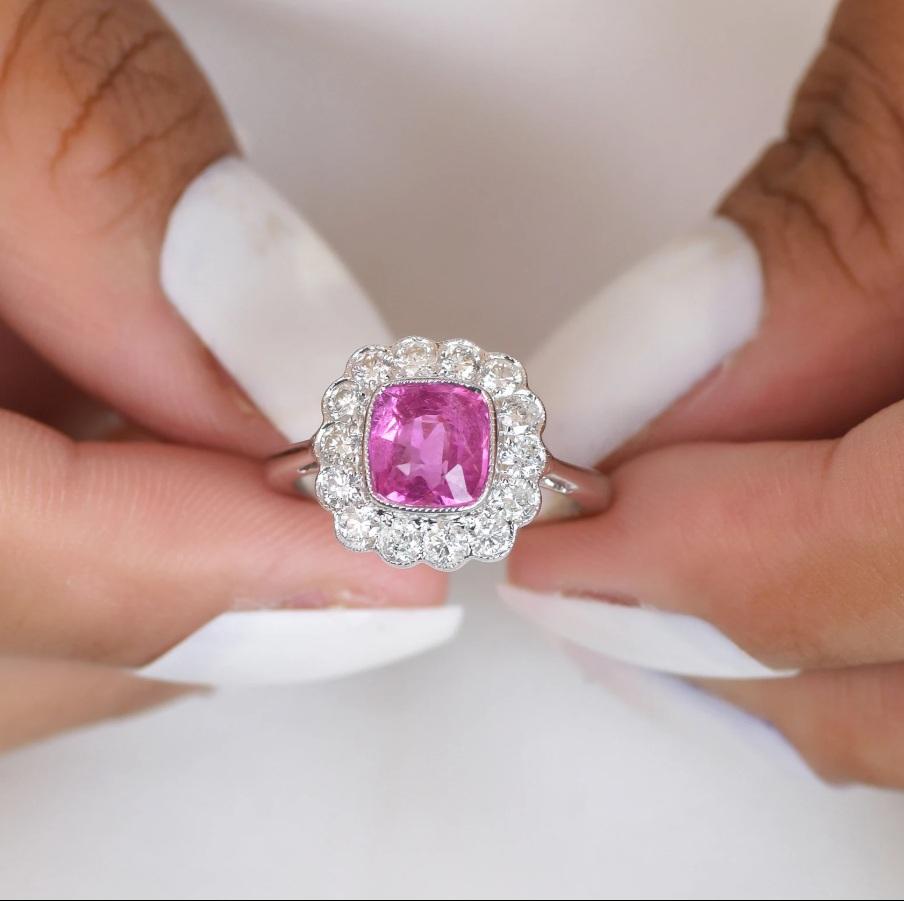 Ring mit natürlichem rosa Saphir-Diamant aus 18 Karat Gold (Asscher-Schliff) im Angebot