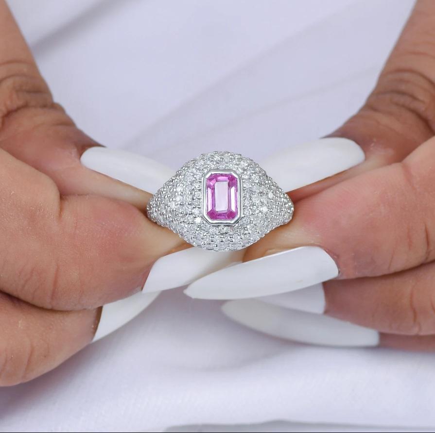 Ring mit natürlichem rosa Saphir-Diamant aus 18 Karat Gold (Asscher-Schliff) im Angebot