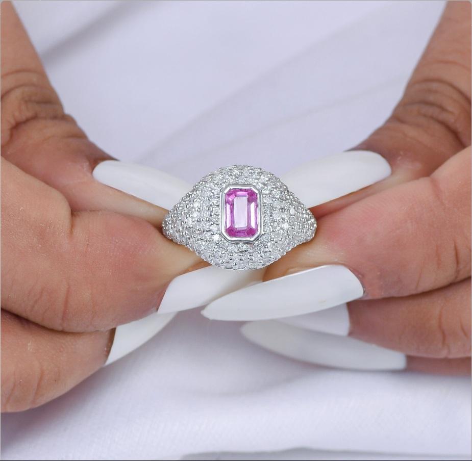 Natürlich  Pinker Saphir-Diamant-Ring 18k Gold (Asscher-Schliff) im Angebot