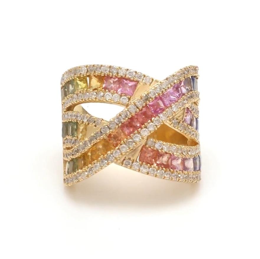 Donna Anello con multi zaffiro naturale e diamante in oro 18 carati in vendita