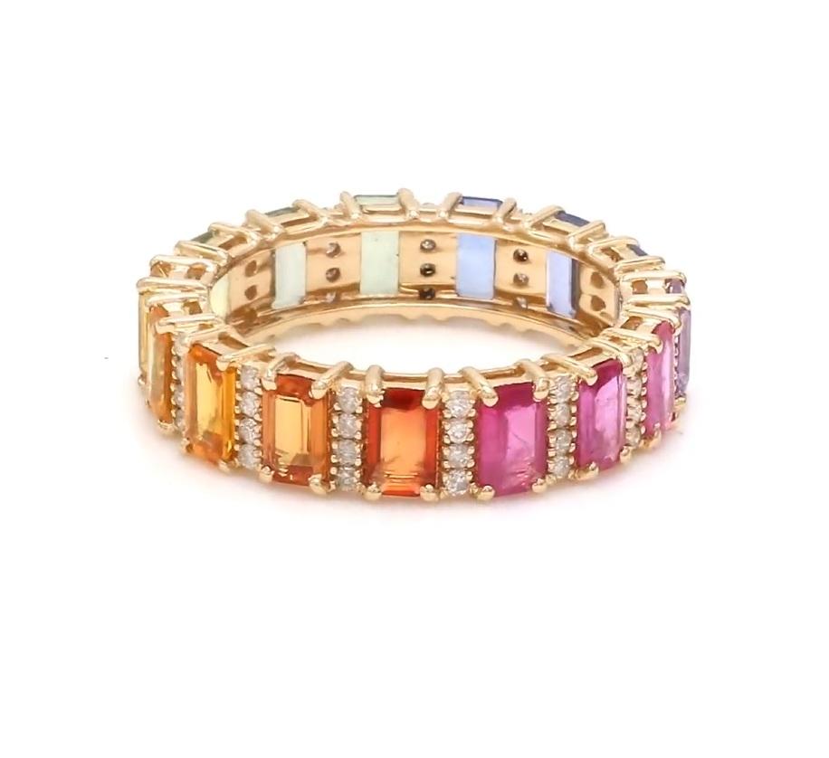 Taglio Asscher Anello con zaffiro arcobaleno naturale e diamante in oro 14 carati in vendita