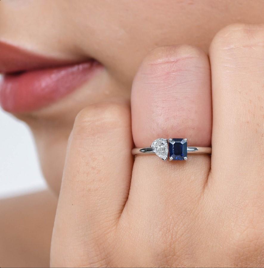 Natürlicher blauer Saphir-Diamant-Ring aus 14k Gold (Asscher-Schliff) im Angebot
