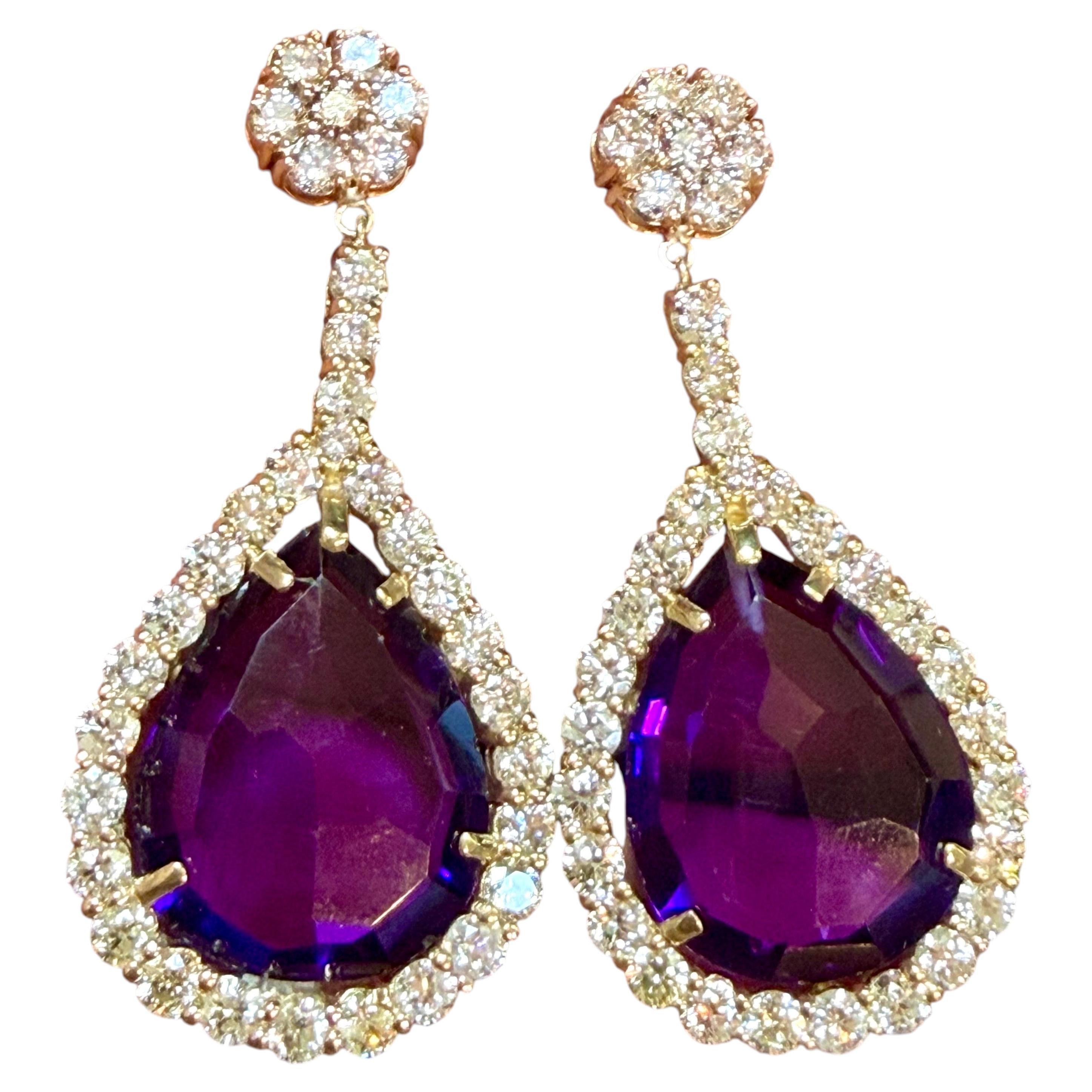 38 Carat Natural Amethyst & 9 Ct Diamond Cocktail Earring, 14 Karat Yellow Gold
