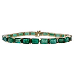 24 Carat Natural Emerald Tennis Bracelet, 14 Karat Yellow Gold, 17.5GM, 7 Inch