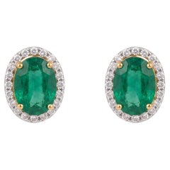 Natural 7CTS Emerald & 0.43CTS Diamond Earring in 14K Gold