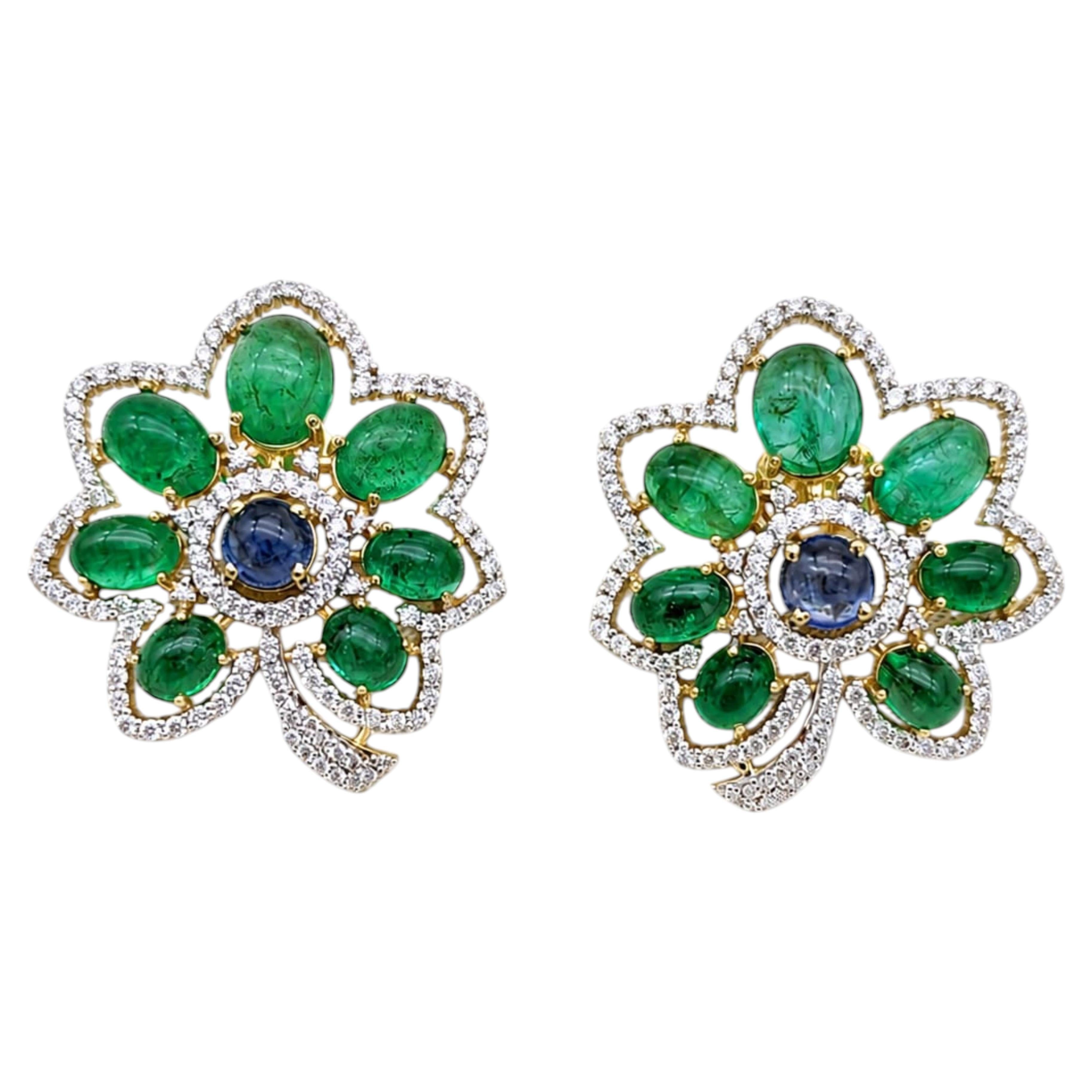 Natural Sapphire, Emerald & Diamond Earring in 14k Gold For Sale