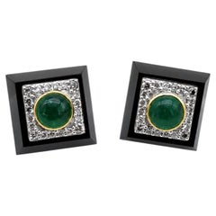 Natural Emerald, Black Onyx, & Diamond Earring in 14k Gold