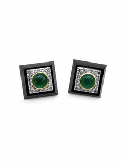 Natural Emerald, Black Onyx, & Diamond Earring in 14k Gold