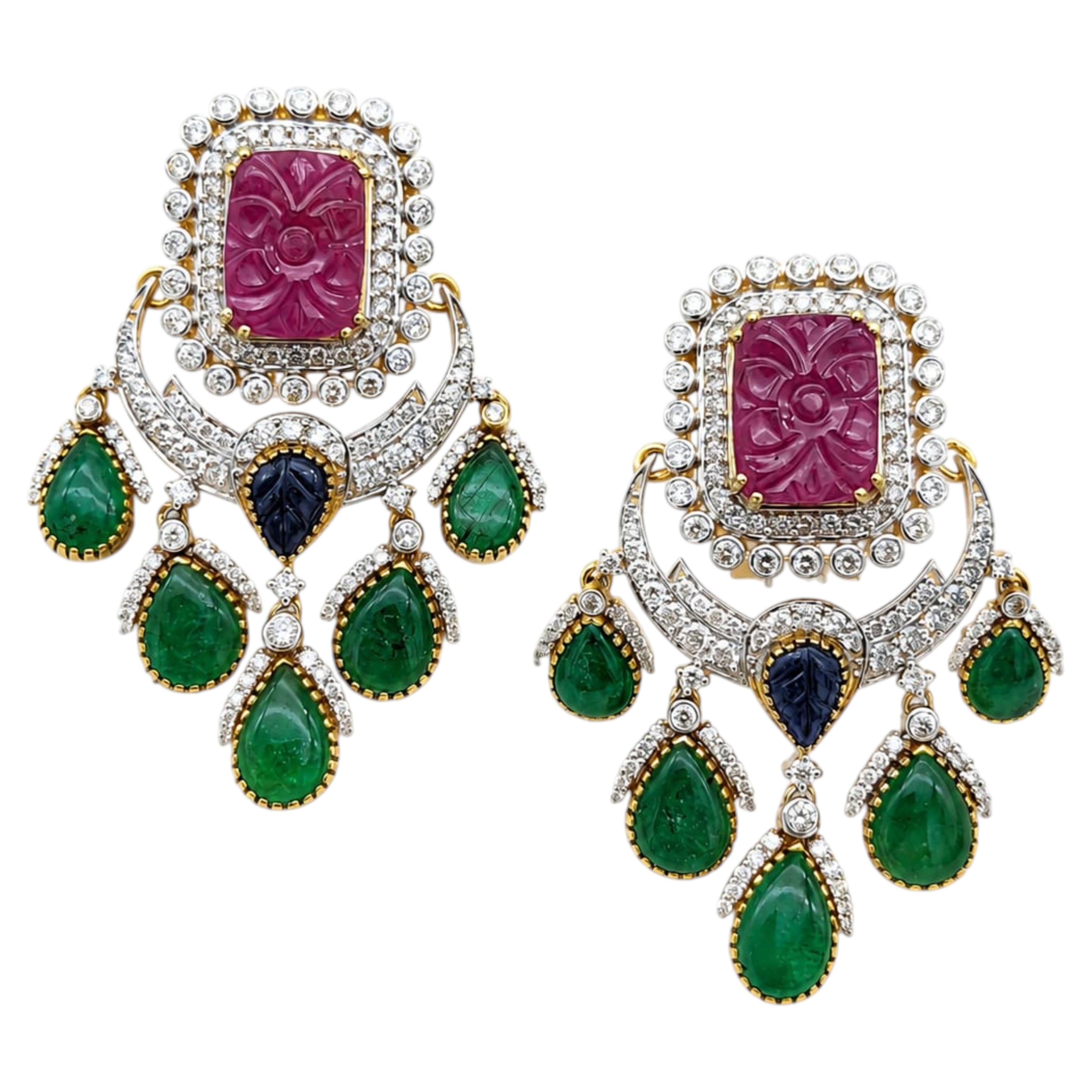 Natural Ruby, Sapphire, Emerald & Diamond Earring in 14k Gold For Sale