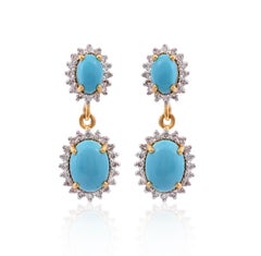 Boucles d'oreilles en or 14 carats avec turquoise naturelle de 3,05 carats et diamants de 0,60 carat