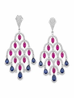 Boucles d'oreilles en or 14 carats, avec un rubis naturel de 4,44 carats, un saphir de 2,87 carats et un diamant de 3,12 carats