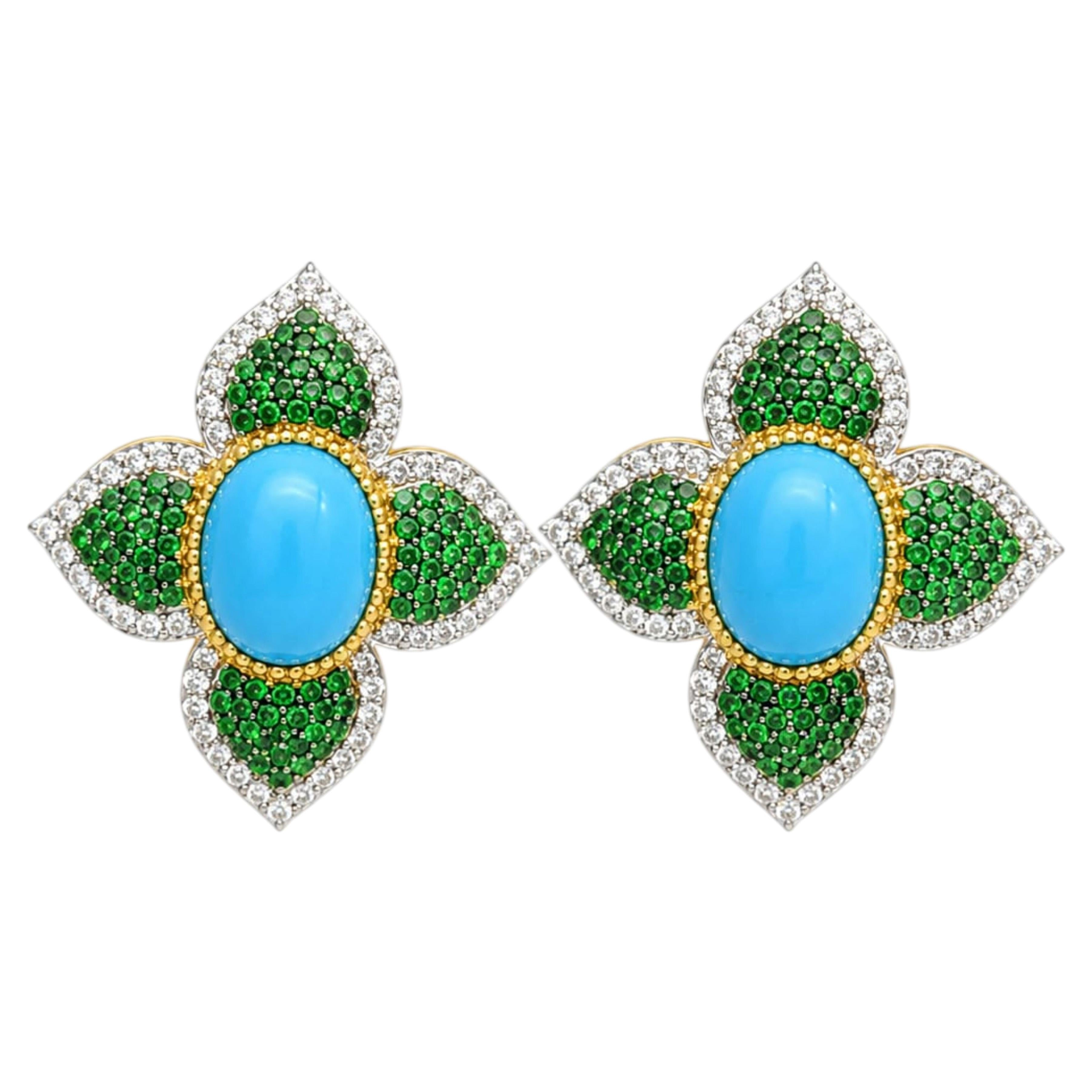 Orecchini con tsavorite naturale, turchese e diamanti in oro 14k