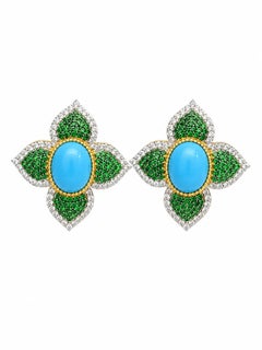 Orecchini con tsavorite naturale, turchese e diamanti in oro 14k