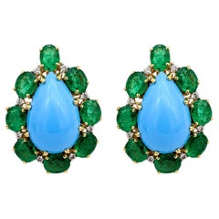 Natural Emerald, Turquoise, & Diamond Earring in 14k Gold