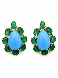 Natural Emerald, Turquoise, & Diamond Earring in 14k Gold