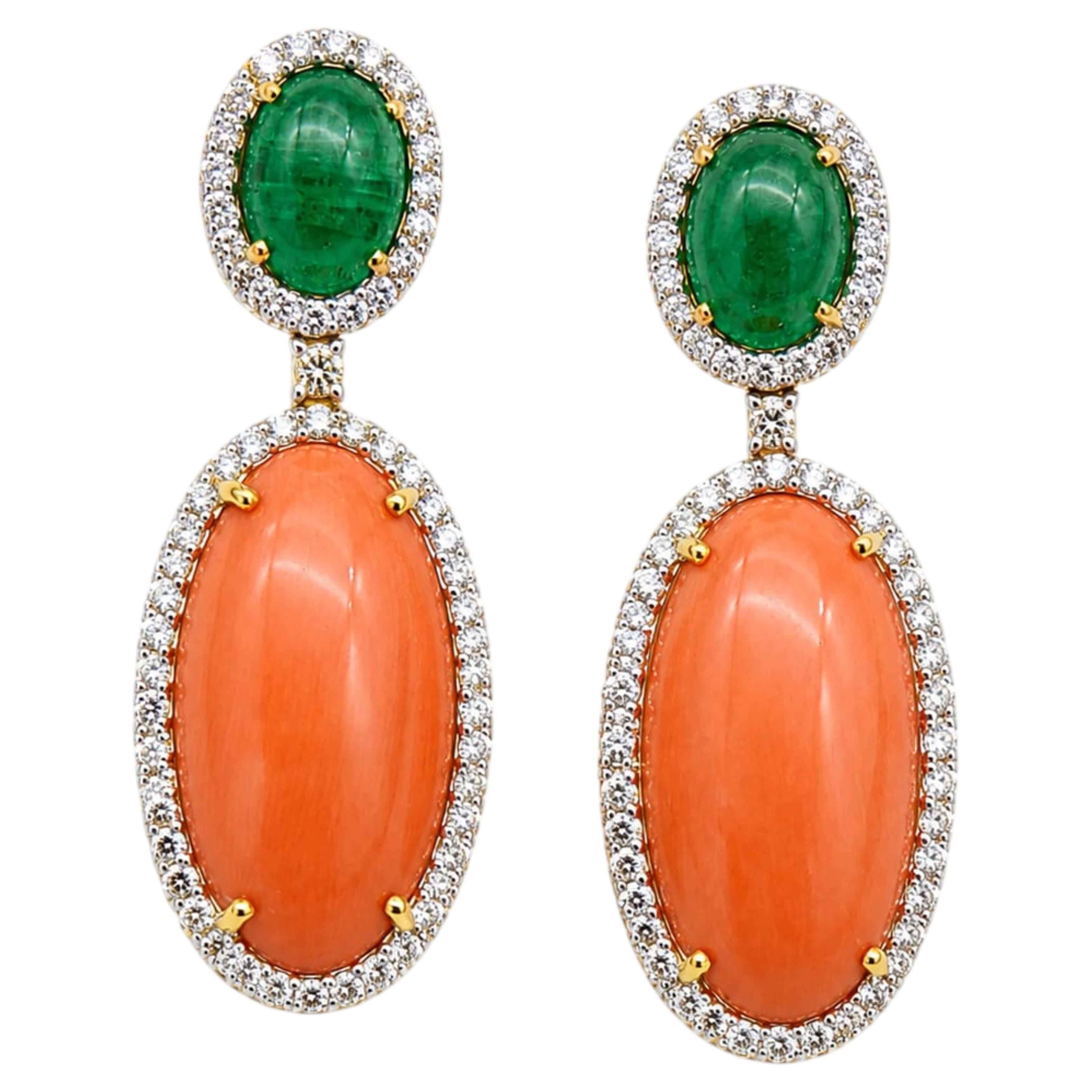 Natural Emerald, Coral, & Diamond Earring in 14k Gold