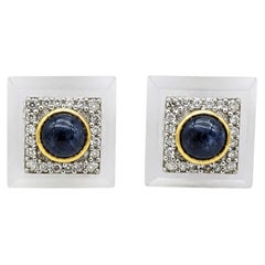 Natural Blue Sapphire, Chalcedony & Diamond Earring in 14k Gold