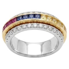 18K Gold Multi Sapphire 2.1ct & Diamond 1.49ct Cocktail Ring, New