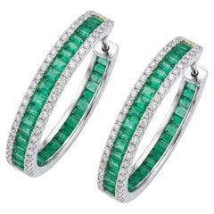 18K Gold Diamond 3.07ct Emerald Stud Earrings, New