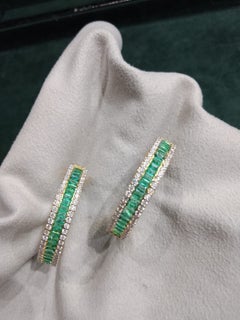 18K Gold Diamond 3.07ct Emerald Stud Earrings, New