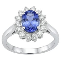 Natural 18K Gold Blue Sapphire and Diamond Halo Ring, 0.90ct