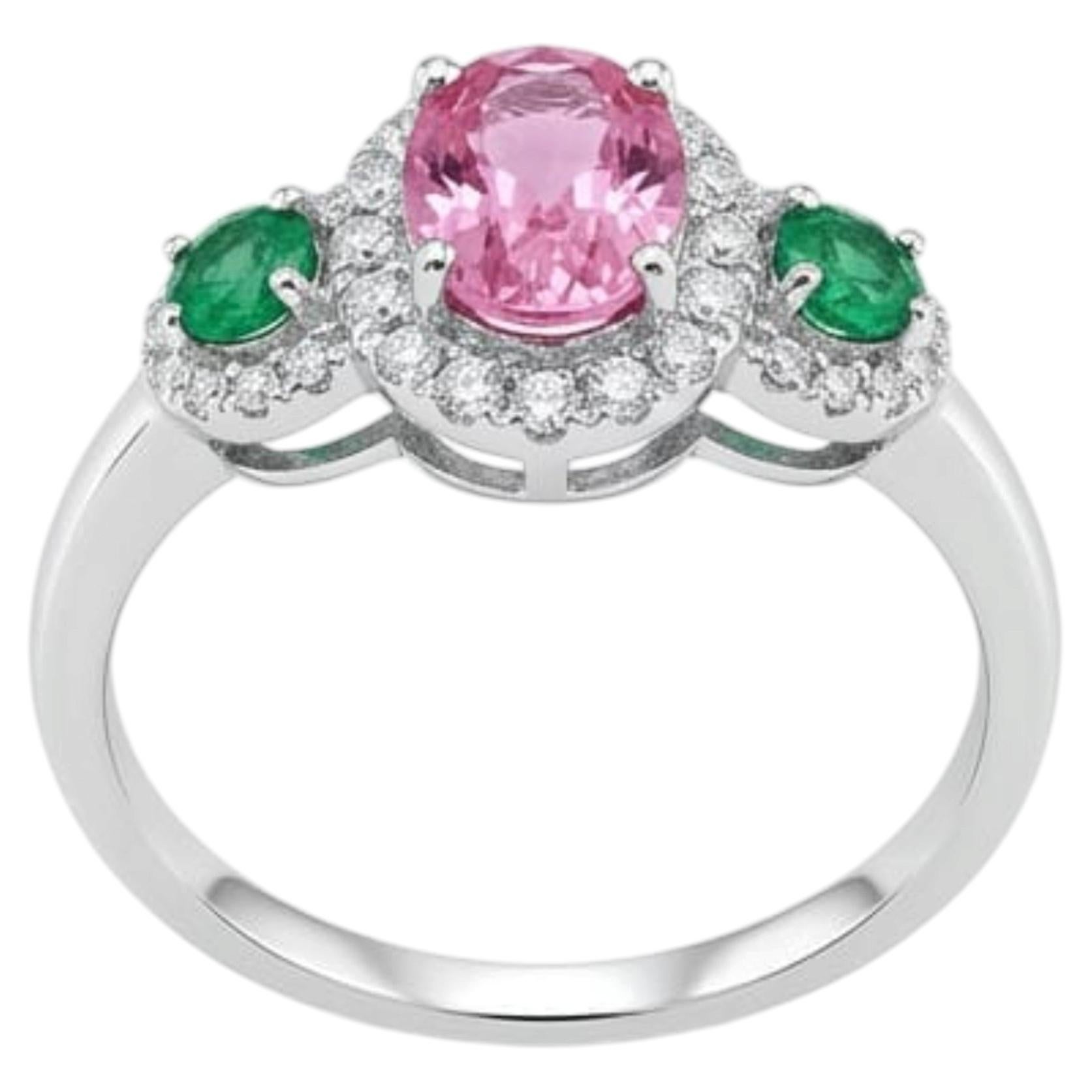 Natural 18K Gold Diamond Halo Ring with Pink Sapphire & Emerald, New For Sale
