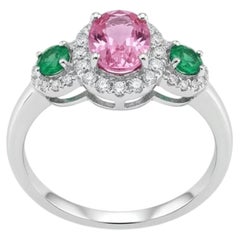 Natural 18K Gold Diamond Halo Ring with Pink Sapphire & Emerald, New