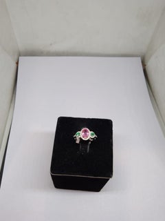 Natural 18K Gold Diamond Halo Ring with Pink Sapphire & Emerald, New