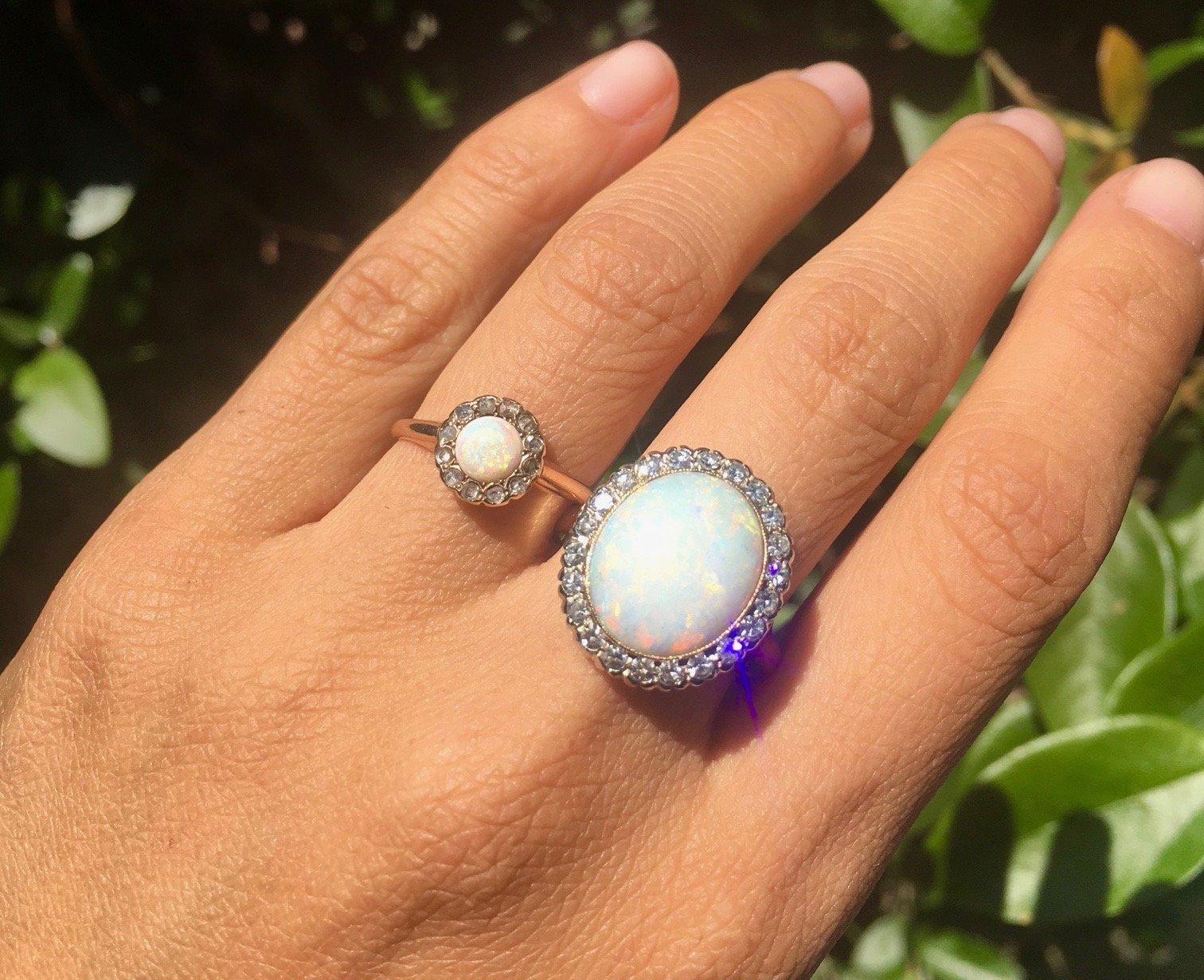 Women's Antique Art Deco Opal Diamond Halo 14 Karat Gold 6 Carat Cocktail Ring For Sale