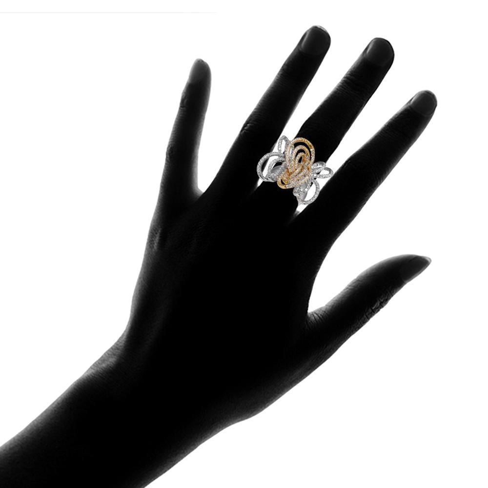 Round Cut Butterfly Style Diamond Ring in 18 Karat Two-Tone White Gold and Yellow Gold For Sale