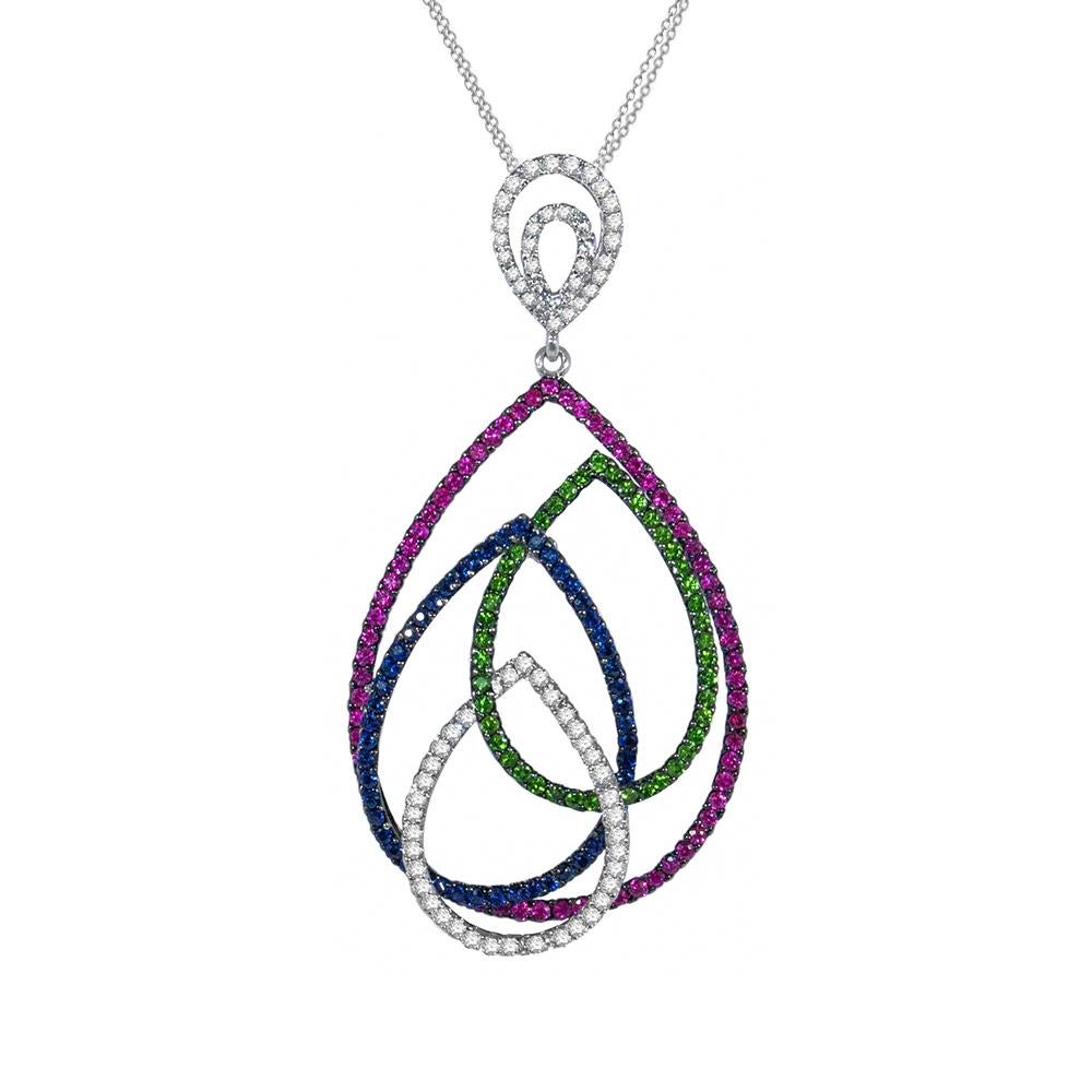 Diamond Blue Pink Sapphire Tsavorite Gold Pendant Necklace Interlocking Pears For Sale