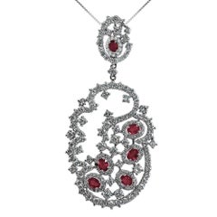Diamond Ruby Pendant Necklace 18 Karat White Gold Antique Vintage Look in Stock