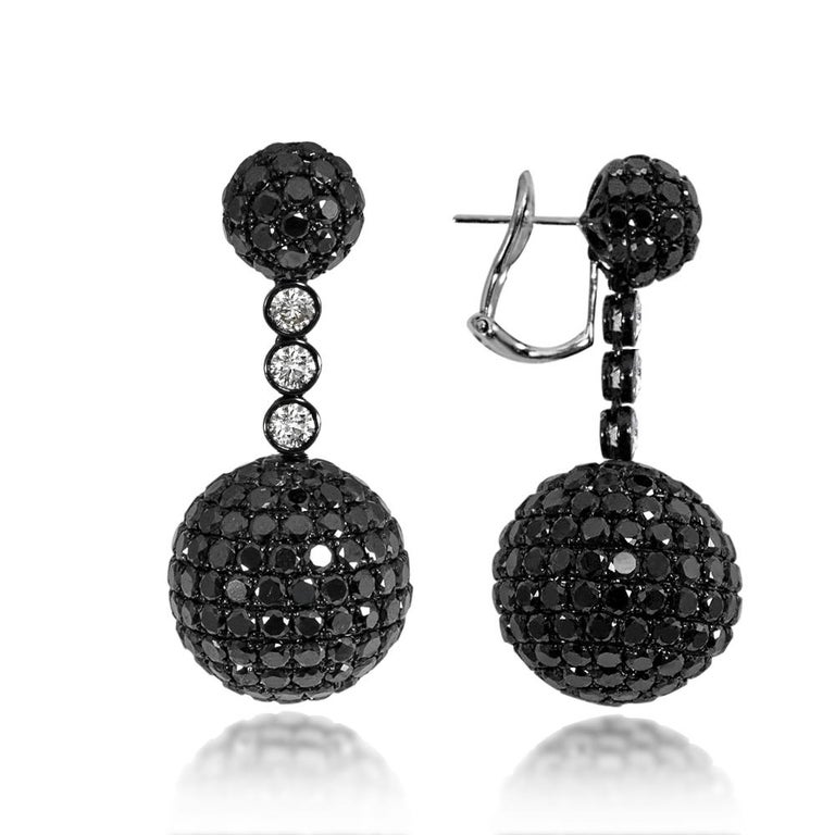 Disco Ball Earrings 18 Karat Gold Black Fancy Colored Diamonds French