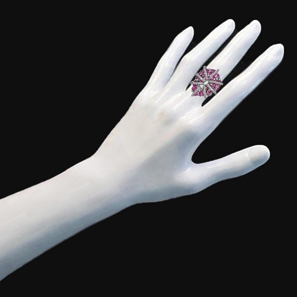 Contemporary Oval Pink Sapphires Diamond Cocktail Statement Ring in 18 Karat White Gold For Sale