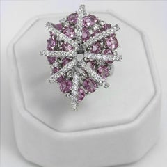 Oval Pink Sapphires Diamond Cocktail Statement Ring in 18 Karat White Gold