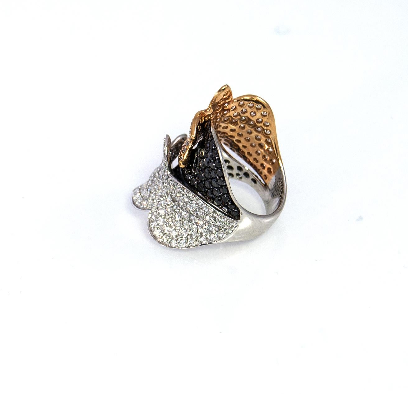 Contemporary Black Diamond & White Diamond Ring Pave Set in 18 Karat White Gold & Yellow Gold For Sale
