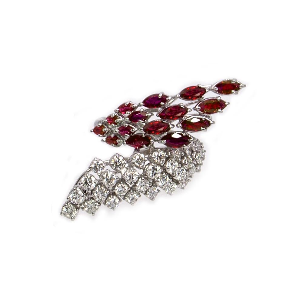 Marquise Cut Rubies and Diamonds Ring in 18 Karat White Gold For Sale