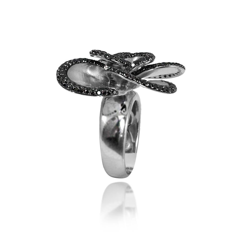 Contemporary Floral Ring with Black Diamonds on 14 Karat Satin Finished White Gold in Stock For Sale